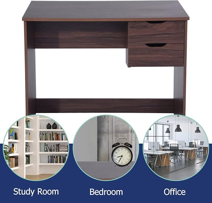 Home Office Computer Desk, 35.4" Small Study Writing Table, with Storage Drawers, Modern Teen Student Adult PC Table Desk, Walnut - LeafyLoom