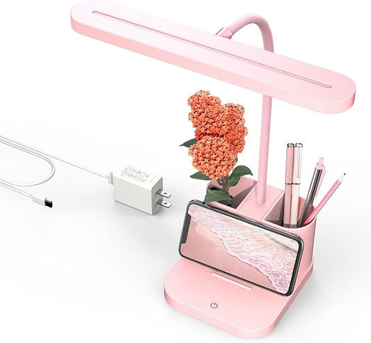 AXX Pink Desk Lamp for Home Office, Cute Desk Lamps for Bedrooms, Kawaii, Dimmable LED, Flexible Gooseneck, Pen Holder, Touch Control, Room College Dorm Essentials for Teen Girls Kids - LeafyLoom