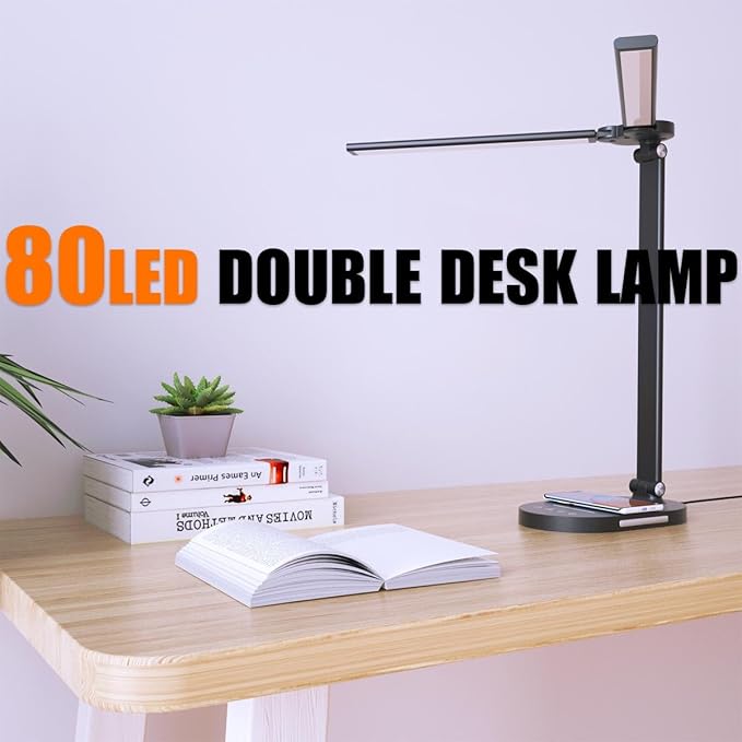 Clearance 12W Bright Desk Lamp for Home Office, Wireless Charger, USB Charging Port, 2 Night Light, 1H Timer AUTO-OFF, 5 Modes Dimmable 80 LED Desk Light, Adjustable 2 Office Lamp for Work, Computer - LeafyLoom