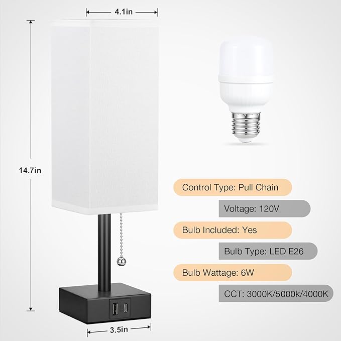 White Small Table Lamp for Bedroom - 3 Color Temperature 3000K 5000K 4000K Bedside Lamp, Pull Chain Control, USB A and C Charging Ports, Black Base, for Kids Office Dorm Nightstand, Bulb Included - LeafyLoom