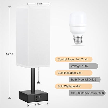 White Small Table Lamp for Bedroom - 3 Color Temperature 3000K 5000K 4000K Bedside Lamp, Pull Chain Control, USB A and C Charging Ports, Black Base, for Kids Office Dorm Nightstand, Bulb Included - LeafyLoom