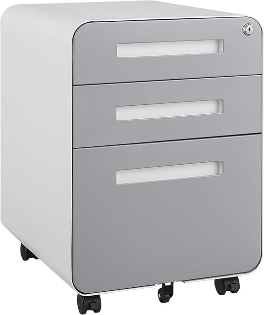 3 Drawer Mobile Desk Office with Lock and Wheels,Versatile Storage Cabinets w/Anti-Tilting Cold Rolled Steel Waterproof Moisture-Proof,for Legal/Letter/A4 Files,White+Gray - LeafyLoom