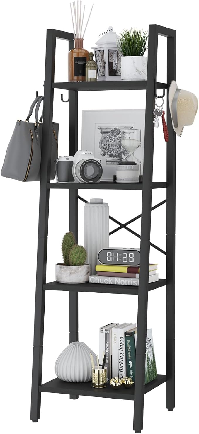 YMYNY 4 Tiers Ladder Bookcase, Industrial Narrow Bookshelf, Open Display Rack with 4 S Hooks, Metal Storage Shelves for Bedroom, Home Office, Living Room, Black, 49.2H*13.4L*11.8W, UHBC024B - LeafyLoom