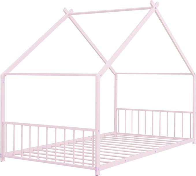 RITSU Twin Size Montessori Floor House Bed, Bedframe with Metal Slat & with Headboard and Footboard, Sturdy Construction, for Children's Room, Girls, Boys, Pink - LeafyLoom