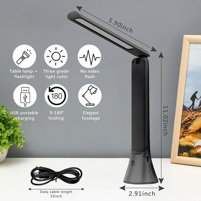 Rechargeable Desk Lamp with Flashlight Function, Battery Powered Desk Lamps for Home Office, Portable Foldable LED Desk Lamps, Cordless Desk Lamps, Small Lamps for Small Spaces, Black - LeafyLoom