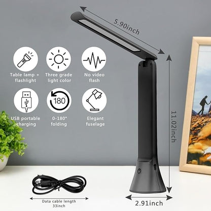 Rechargeable Desk Lamp with Flashlight Function, Battery Powered Desk Lamps for Home Office, Portable Foldable LED Desk Lamps, Cordless Desk Lamps, Small Lamps for Small Spaces, Black - LeafyLoom