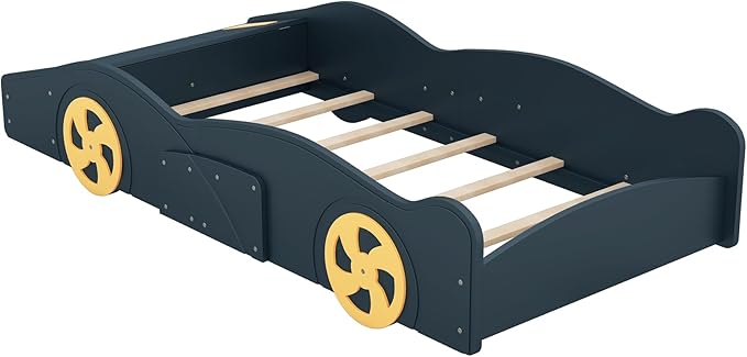 Twin Size Race Car Bed for Kids, Car-Shaped Bed Frame with Wheels and Storage Footboard for Boys, Wood Slats Support,No Box Spring Needed, Dark Blue+Yellow - LeafyLoom