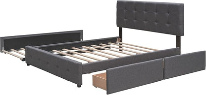 Queen Size Platform Bed, Queen Linen Fabric Upholstered Platform Bed Frame with 2 Storage Drawers and 1 Twin XL Trundle, Ideal Bedroom Furniture, No Box Spring Needed, Dark Gray - LeafyLoom