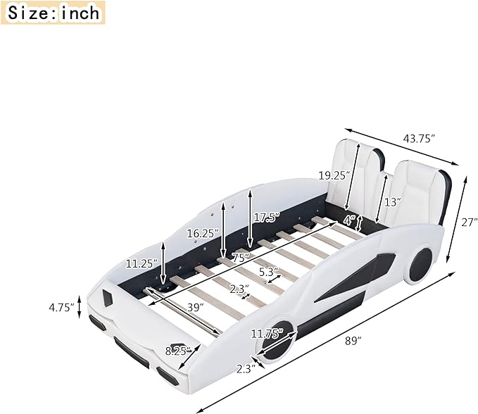 Twin Size Boys Car Bed,Race Car-Shaped Platform Wooden Bedframe with Wheels & Both Sides,Slat Support,Toy Furniture for Kids Toddlers Child's Bedroom,White - LeafyLoom