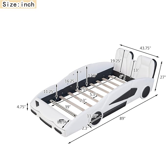 Twin Size Race Car Bed, PU Car-Shaped Bedframe with Wheels and Guardrails for Kids,Boys,Wood Slat Support, No Box Spring Needed,White - LeafyLoom