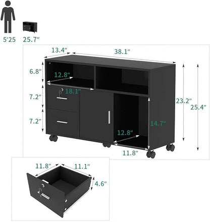 YITAHOME Wood File Cabinet, 2 Drawer Mobile Lateral Storage Cabinet Printer Stand with Lock and Open Storage Shelves for Home Office, Black,Drawers without Hanging Bars - LeafyLoom