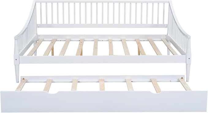 Full Size Daybed with Hideaway Trundle and Support Legs,Multi-Functional Wood Bed Frame,W/Rails Three Sides,Easy to Assemble,for Bedroom,Living Room,Apartment,White - LeafyLoom