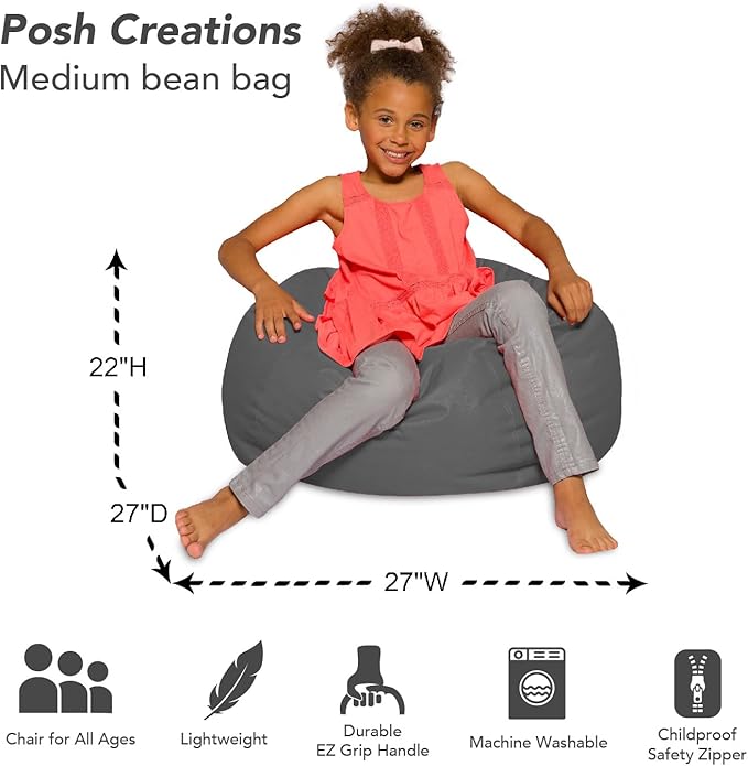 Posh Creations Bean Bag Chair for Kids, Teens, and Adults Includes Removable and Machine Washable Cover, Heather Gray, 27in - Medium - LeafyLoom