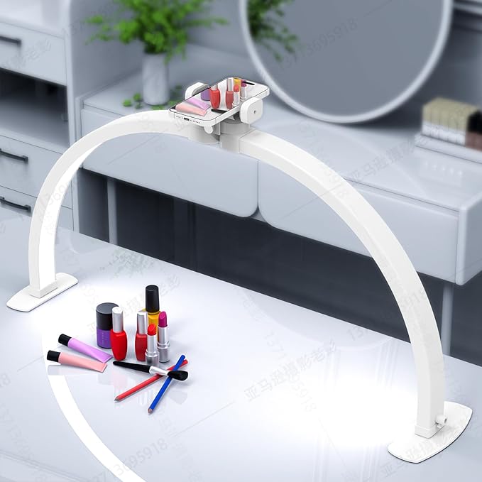 Foldable Large Half Moon LED Light for Table Nail Desk with Phone Stand, Upgrade Arch Light for Nail Techs with Wire Controller for Manicure Tattoo Beauty (White, large) - LeafyLoom