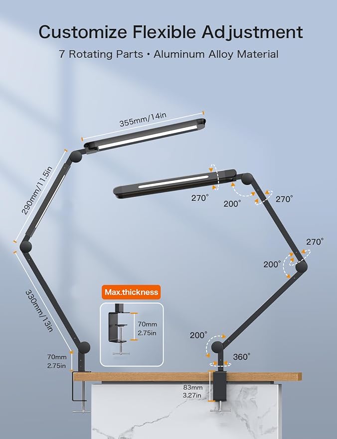 Sky LED Desk Lamp with Remote Control - Three Light Sources・24W・Ajustable Atmosphere Lighting - Flexible Swing Arm, 4 Color Modes & 4 Brightness, Architect Desk Lamp with Clamp for Home Office - LeafyLoom