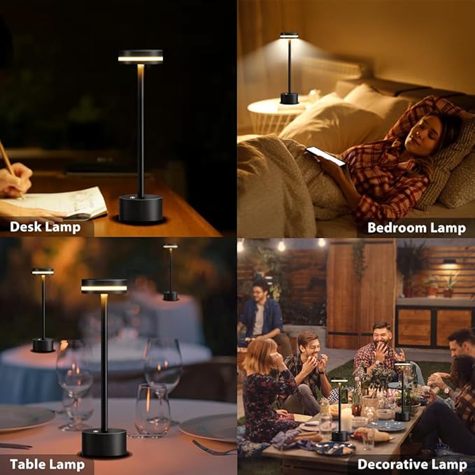 Cordless Metal Desk Lamp,Portable LED Table Lamp with Touch Sensor,3 Color Rechargeable Lamp,3-Levels Brightness Lamp,Night Light for Kids Nursery,Bedside Lamp,Dining Room Lamp (Black) - LeafyLoom