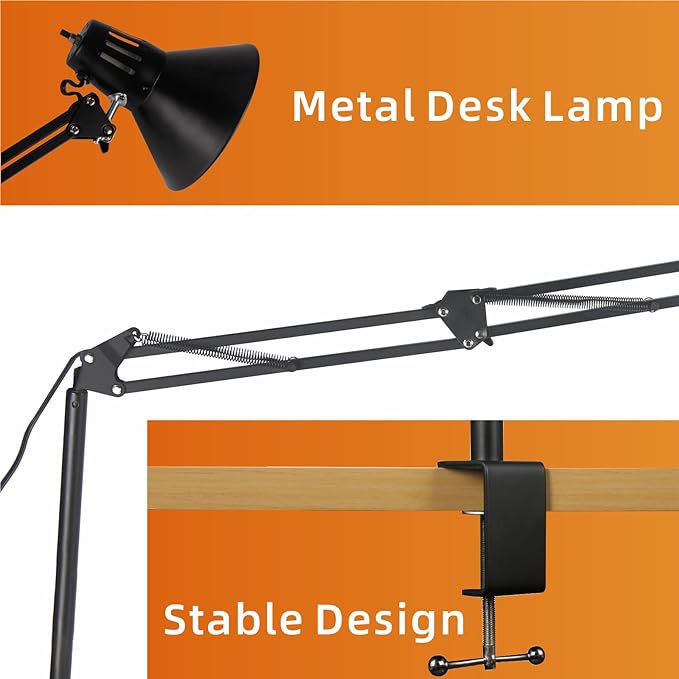 Desk Lamp for Home Office Eye-Caring Metal Extra Long Swing Arm Stable Clamp Flexible Gooseneck A19 E26 Bulb included as Table Working Reading Aesthetic Computer Versatile Light - LeafyLoom