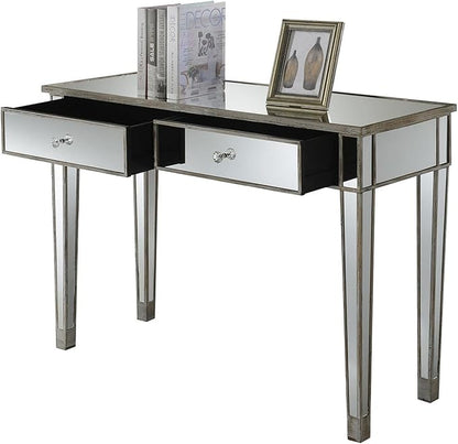 Convenience Concepts Gold Coast Mirrored Desk 42" - Console Table with 2 Drawers for Storage in Living Room, Office, Weathered White/Mirror - LeafyLoom