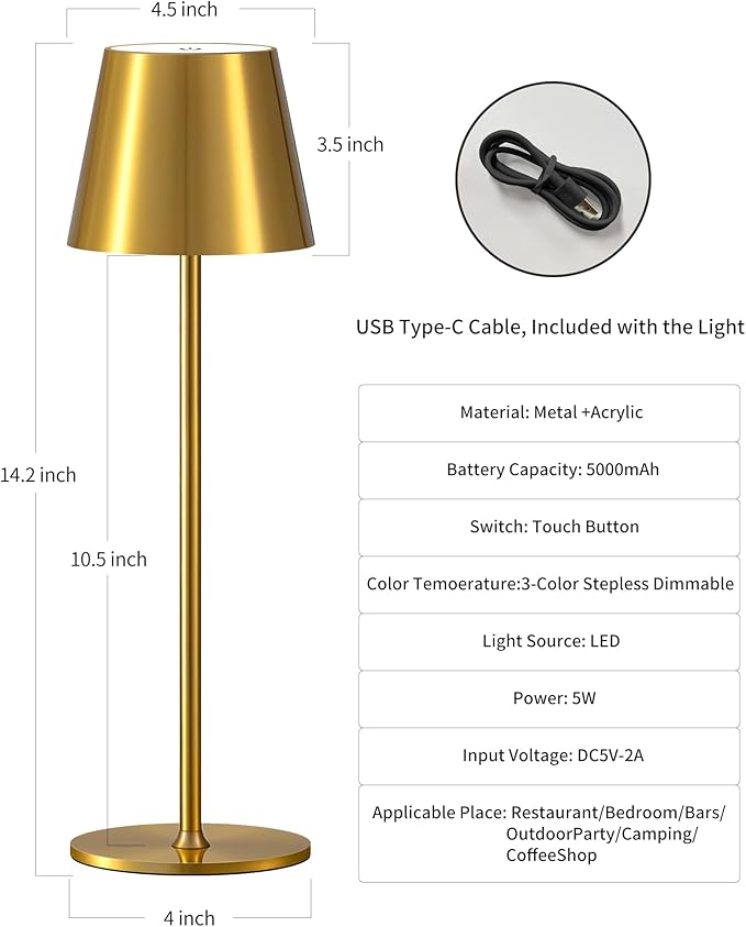 Cordless Rechargeable Table Lamp Set of 2, 5000mAh Battery Powered LED Desk Lamp, 3 Color Stepless Dimming Up, Portable Table Light Lamp for Bedroom Restaurant Outdoor (Gold) - LeafyLoom