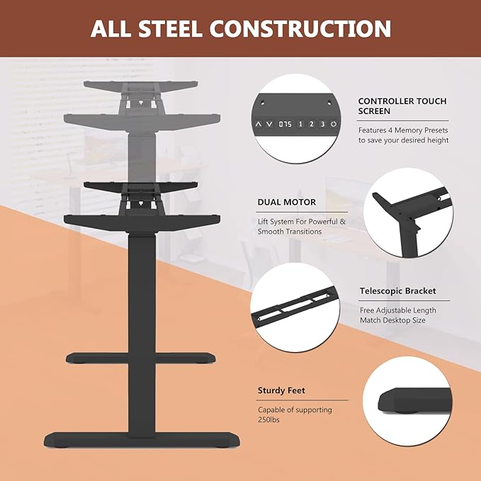 Standing Desk Frame with Dual Motor- Adjustable Desk Legs Height of 27.6" to 46.1", Electric Desk Base for Desktop 43" to 70", Sit Stand Desk Leg with Memory Controller(Black Frame only) - LeafyLoom