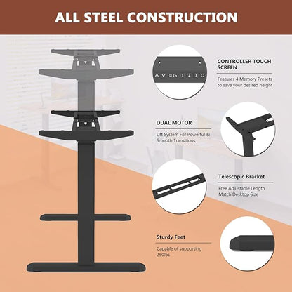 Standing Desk Frame with Dual Motor- Adjustable Desk Legs Height of 27.6" to 46.1", Electric Desk Base for Desktop 43" to 70", Sit Stand Desk Leg with Memory Controller(Black Frame only) - LeafyLoom
