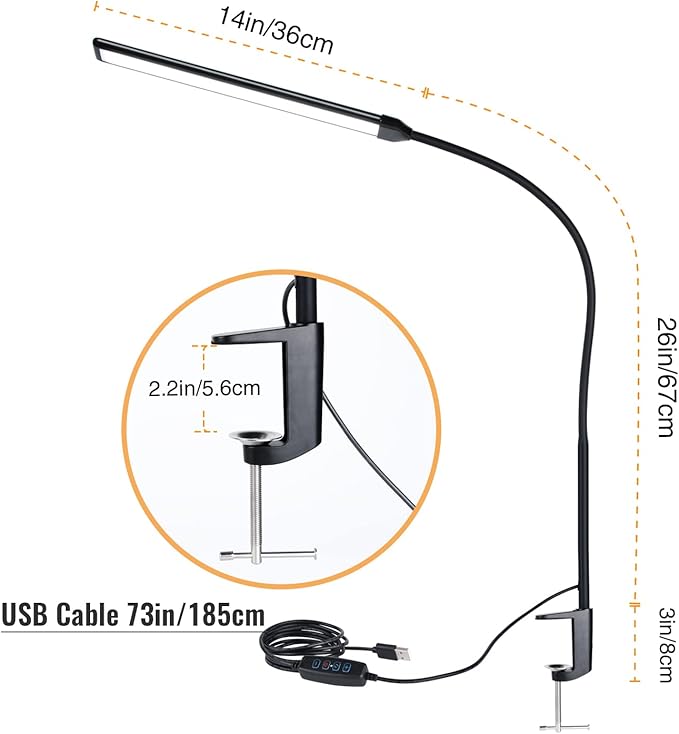 LED Desk Lamp with Clamp, Clamp Light, Tall Desk Lamp with Long Gooseneck, 11W, 850 LMS, 3 Color Modes, 10 Brightness Levels, Eye-Caring, Clip on Desk Light for Reading, Home, Office - LeafyLoom