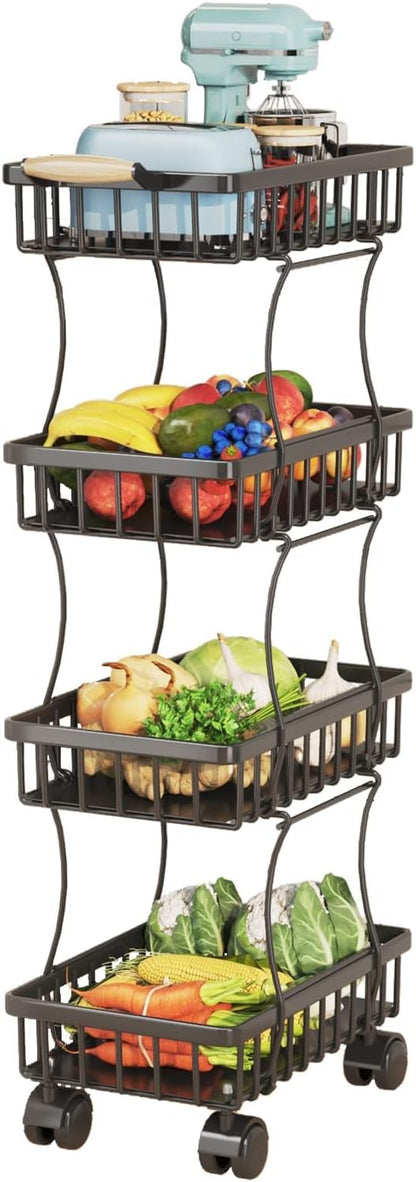 Wisdom Star 4 Tier Fruit Vegetable Basket for Kitchen, Storage Cart, Vegetable Basket Bins, Wire Storage Organizer Utility Cart with Wheels, Medium, Black - LeafyLoom