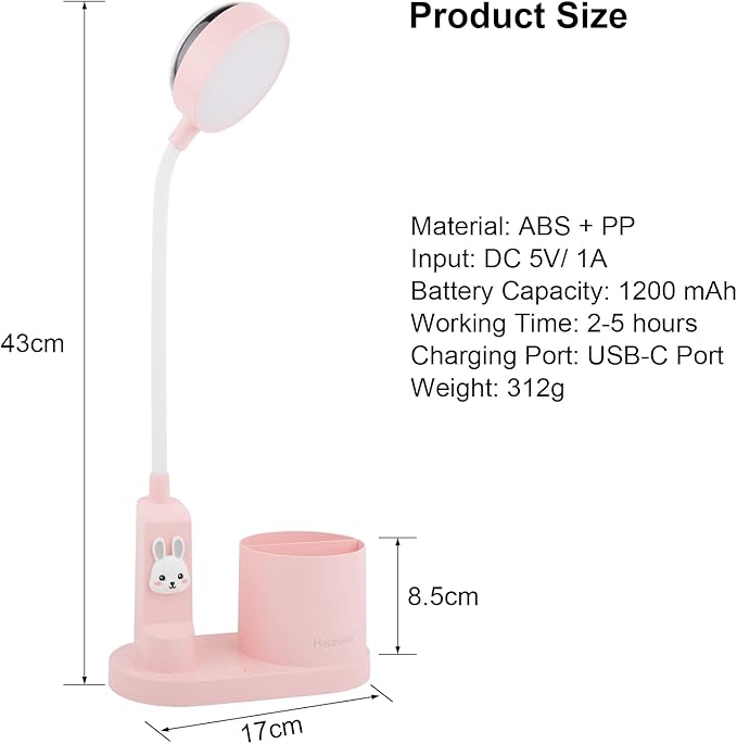 Cute Kids Desk Lamp 2000mAh Rechargeable Kawaii Desk Lamp with Star Projection/Pen Holder, Aesthetic Kids Bedside Lamp with Flexible Gooseneck/ 3 Level Brightness/Eye-Caring for Reading, Pink - LeafyLoom