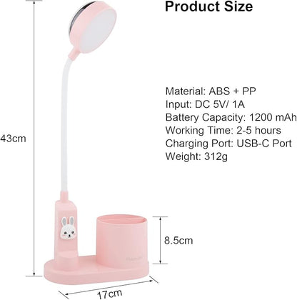 Cute Kids Desk Lamp 2000mAh Rechargeable Kawaii Desk Lamp with Star Projection/Pen Holder, Aesthetic Kids Bedside Lamp with Flexible Gooseneck/ 3 Level Brightness/Eye-Caring for Reading, Pink - LeafyLoom