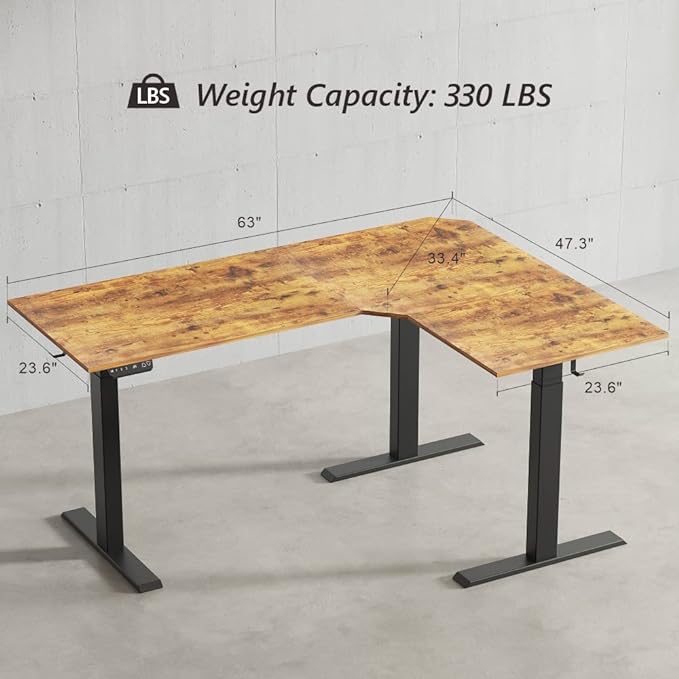 BANTI Triple Motors 63" L Shaped Standing Desk Height Adjustable, Electric Stand up Corner Desk, Sit Stand Home Office Desk Computer Workstation with Memory Preset, Rustic Brown Top - LeafyLoom