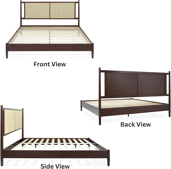 Bme Oliver King Bed Frame and Headboard - 15-Inch Signature Design with Rattan Headboard, Bohemian and Mid Century Style, 12-Slat Wood Support, No Box Spring Needed - Easy Assembly, Walnut - LeafyLoom