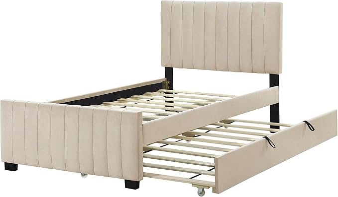 Twin Bed Frame with Trundle Bed,Velvet Upholstered Bed Frame,Twin Size Trundle Bed with Headboard,Upholstered Platform Bed Twin for Kids Teens Adults(Beige) - LeafyLoom