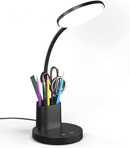 Desk Lamp, LED Desk Lamp for Home Office, Touch Table Lamp with 3 Color Modes 360° Adjustable Arm, Dimmable Desk Light with Pen Phone Holder, Black - LeafyLoom