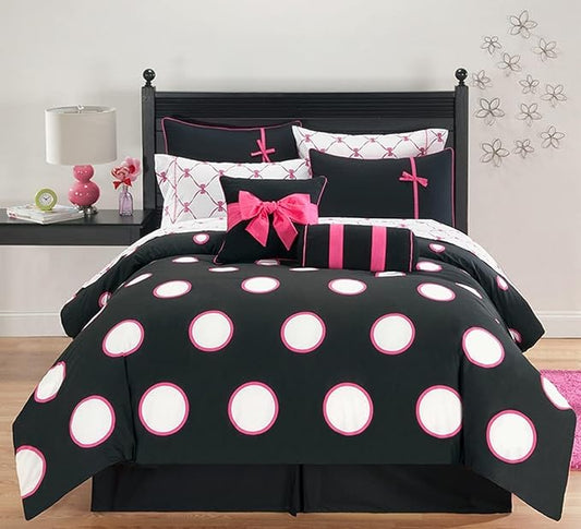 VCNY Home - Full Bed in a Bag, 10-Piece Bedding Set with Matching Sheets & Bedskirt, Ideal for All Seasons, Cozy Chic Home Decor (Sophie Black/Pink, Full) - LeafyLoom