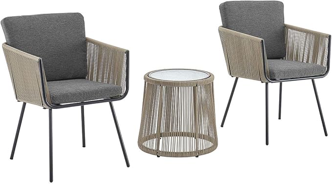 Barton 3 Pieces Wicker Chair Set w/Glass Table Gray Outdoor Patio Furniture Wicker Rattan Modern Conversation Chat Seating - LeafyLoom