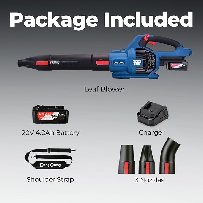 DongCheng Cordless Leaf Blower, 485 CFM Variable Speed & Turbo Mode, 3 Nozzles, Shoulder Strap, 4.0Ah Battery and Charger Included, Battery Powered Leaf Blower for Town Care, Patio and Blowing Leaves - LeafyLoom