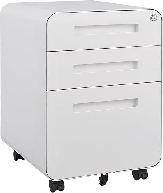 3 Drawer Mobile Desk Office with Lock and Wheels,Versatile Storage Cabinets w/Anti-Tilting Cold Rolled Steel Waterproof Moisture-Proof,for Legal/Letter/A4 Files,White - LeafyLoom