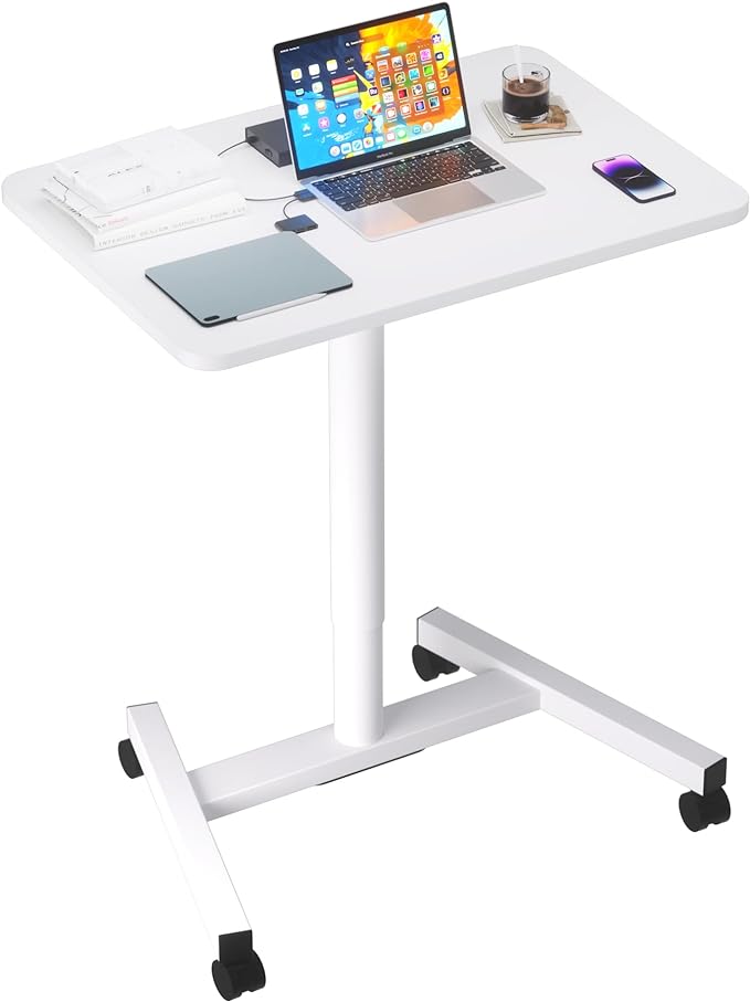 Rolling Desk with Adjustable Height, Sit-to-Stand Desk with Lockable Wheels, 28-Inch Rolling Standing Mobile Desk Cart for Home Office Classroom (White) - LeafyLoom