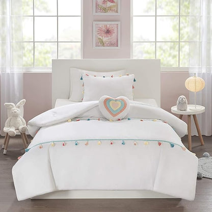 Mi Zone Kids Tessa Cozy Comforter Set, Colorful Fun Design All Season Children Bedding Girls Bedroom Décor, Full/Queen, White with Colorful Tassel 4 Piece - LeafyLoom