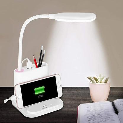 LED Desk Lamp, NovoLido Rechargeable Lamp with USB Charging Port/Pen Holder/Phone Holder, Small Study Cute for Kids/Home/Office/Dorm, Flexible Portable Bedside Table Reading (White) - LeafyLoom