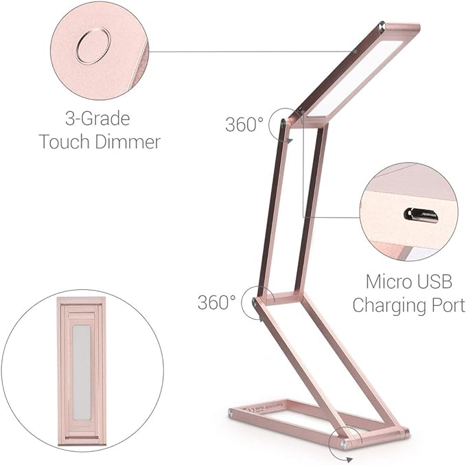 kwmobile Foldable LED Desk Lamp - Folding Portable USB Table Light with 3 Brightness Settings - for Home, Reading, Studying, Work, Travel - Rose Gold - LeafyLoom