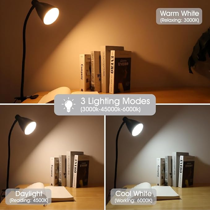 Desk Lamp Reading Light Clamp Lamp 3 Color Modes 10 Brightness Dimmer Table Lamp with Auto Off Timer Eye-Caring Lamp for Home Office 360° Flexible Gooseneck Clip AC Adapter Include(Black) - LeafyLoom