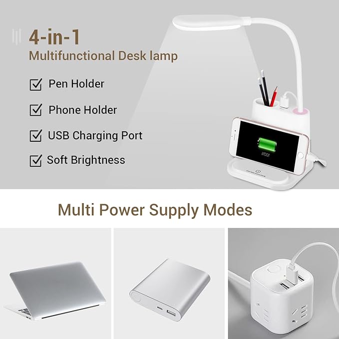 LED Desk Lamp, NovoLido Rechargeable Lamp with USB Charging Port/Pen Holder/Phone Holder, Small Study Cute for Kids/Home/Office/Dorm, Flexible Portable Bedside Table Reading (White) - LeafyLoom