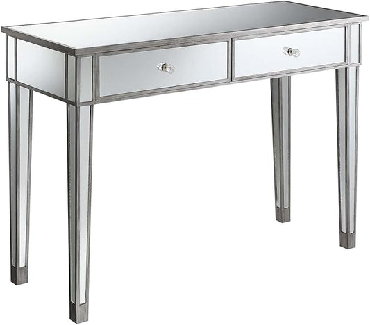 Convenience Concepts Gold Coast Mirrored Desk 42" - Console Table with 2 Drawers for Storage in Living Room, Office, Antique Silver/Mirror - LeafyLoom