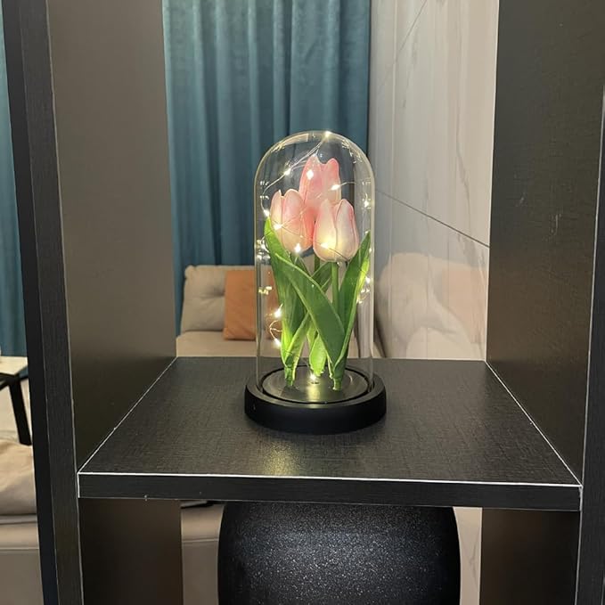 LED Tulip Lamp Artificial Flower Night Light Handmade Light up Tulips in Glass Dome Table Lamp Ornaments Desktop Decor - Battery Operated (Pink) - LeafyLoom