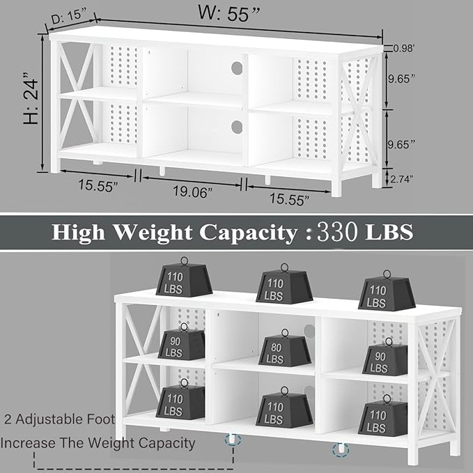 LVB White Entertainment Center, Industrial Wood TV Stand for 65 Inch TV, Modern Metal Media Console Table with Cabinet, Television Stands with Storage Shelf for Living Room Bedroom, White Oak, 55 Inch - LeafyLoom