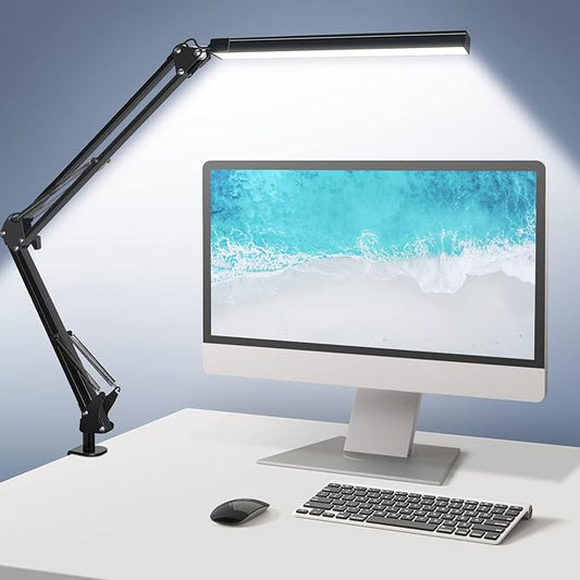 ODOM Adjustable Swing Arm Desk Lamps with Clamp, Upgraded 3 Color Modes 6 Brightness Stepless Dimming, Eye-Caring Memory Function Led Table Light for Home Office Reading Nail Desk, Black, 12W Adapter - LeafyLoom