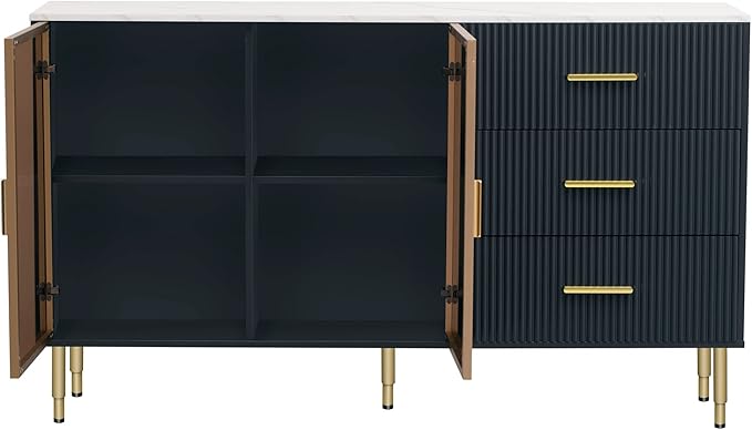 Modern Sideboard MDF with Marble Sticker Tabletop and Amber-Yellow Tempered Glass Doors,Freestanding Buffet Storage Cabinet,W/Gold Metal Legs & Handles,for Dining Room,Kitchen,Navy Blue, 60" - LeafyLoom