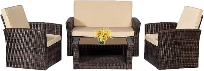 FDW Sectional Sofa Rattan Chair Wicker Conversation Set Outdoor Backyard Porch Poolside Balcony Garden Furniture with Coffee Table, Brown - LeafyLoom