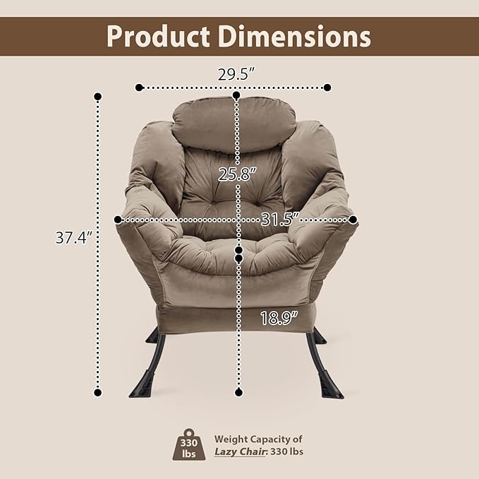 Lazy Chair Thick Padded, Accent Chair Velvet Upholstered with Wide Seat, Stable Metal Frame and Non-Slip Pad, Modern Sofa Armchair with Side Storage Bag for Dorm, Room, Office, Dark Gray - LeafyLoom